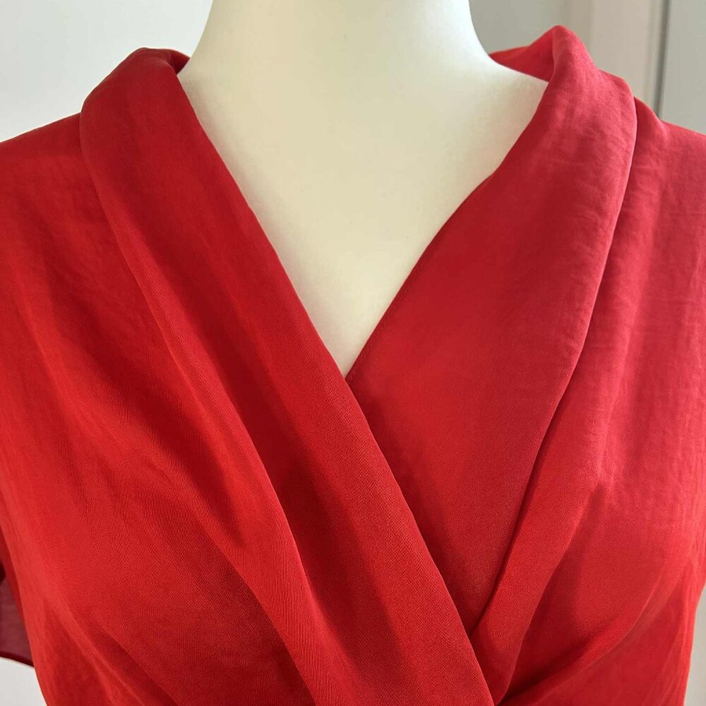 Armani Exchange Poppy Red Satin Side-Tie Wrap Blouse with Flutter Sleeves – US M - Picture 5 of 11